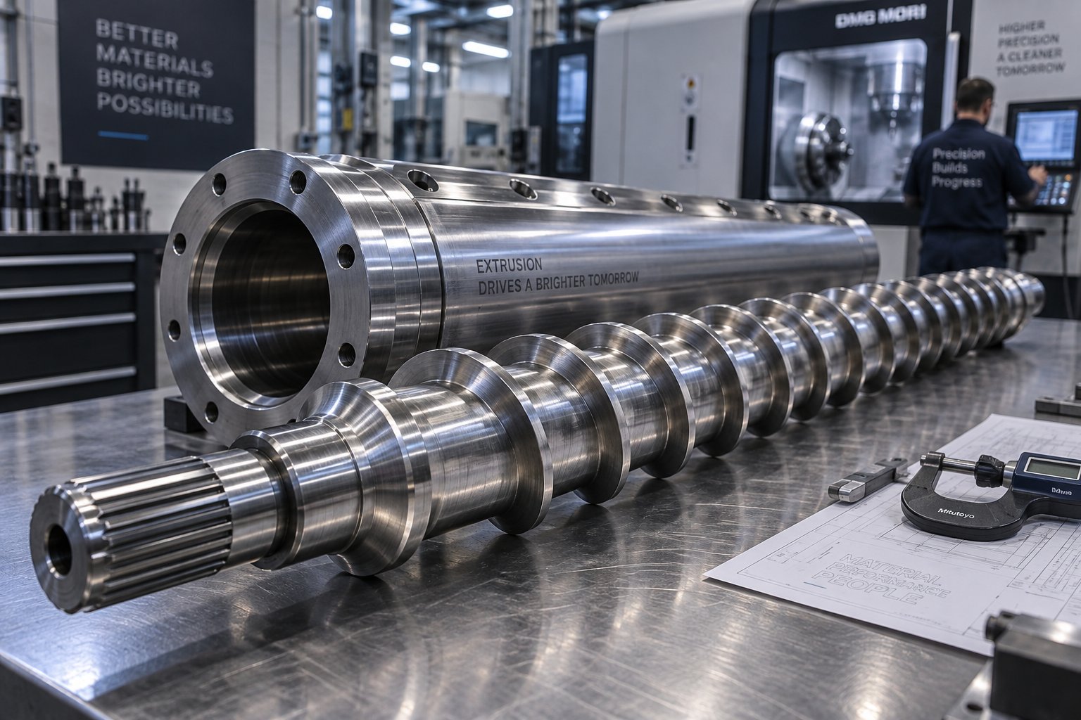 precision machined extruder screw and barrel assembly ready for quality inspection at a manufacturing facility
