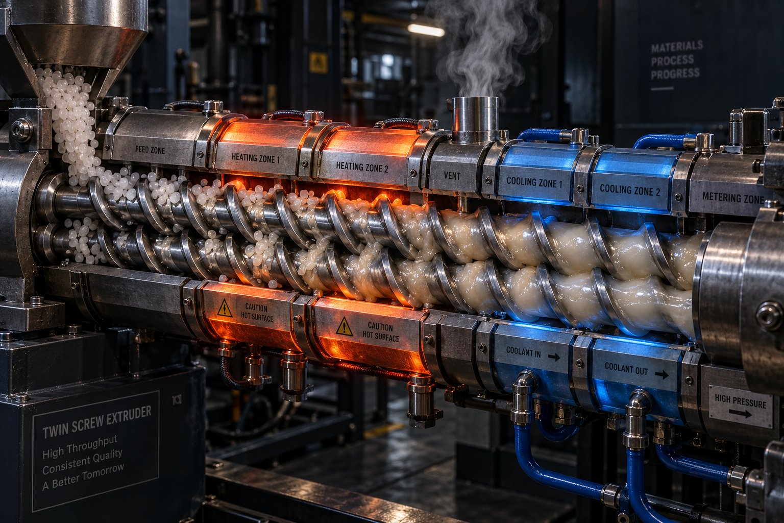 cutaway view of a wpc extruder barrel illustrating multiple independent temperature zones and a degassing vent for moisture removal