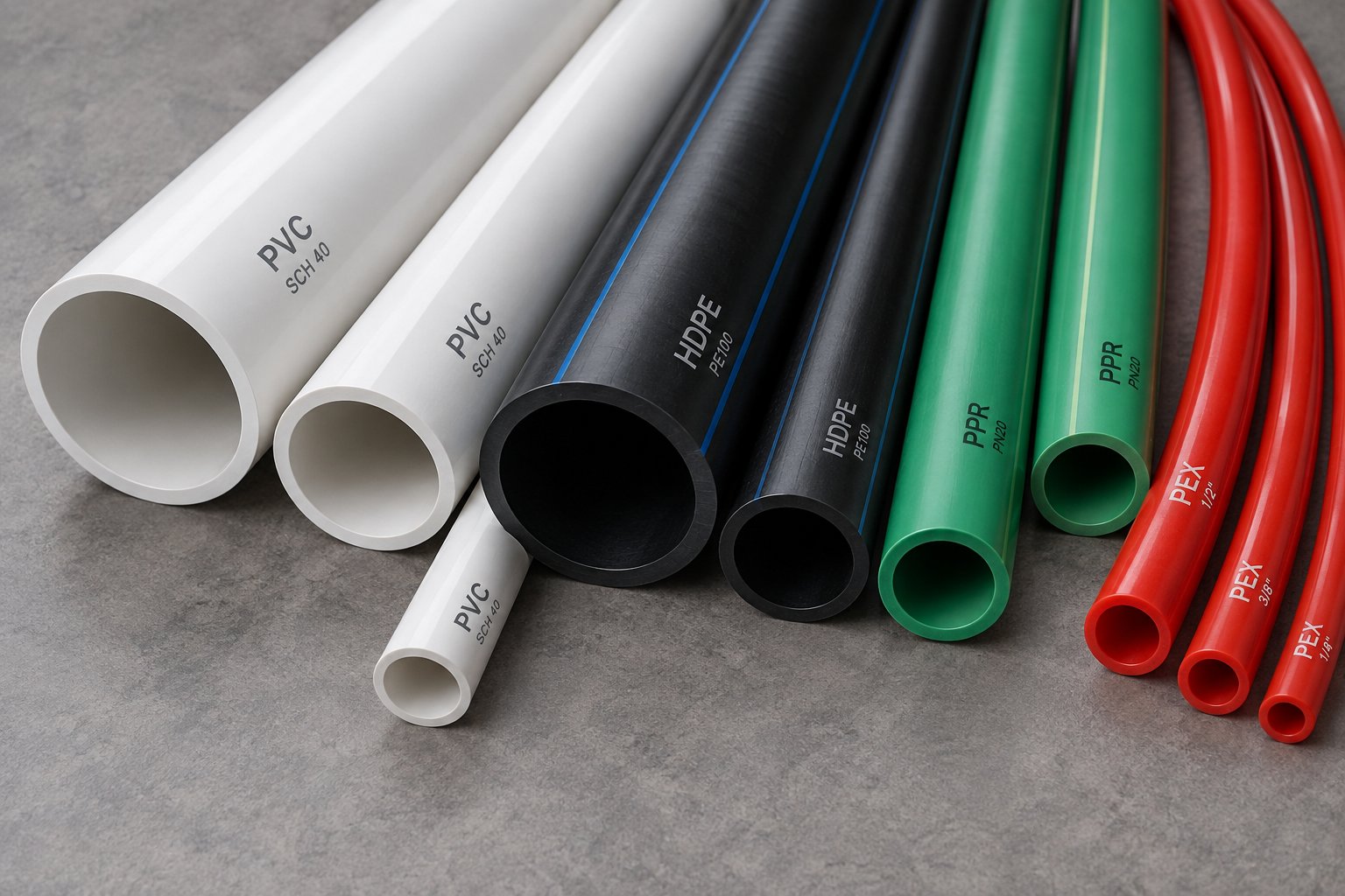 不同类型的聚合物管道，包括PVC、HDPE、PPR和PEX，每种管道都需要独特的生产线配置。