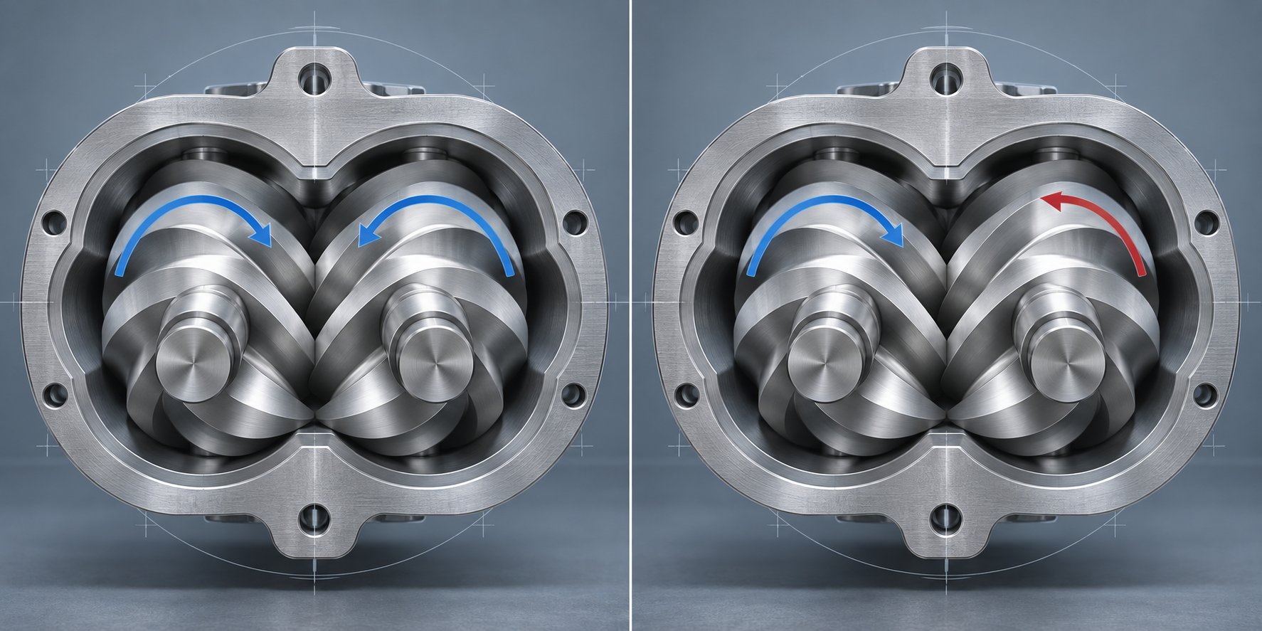 cross section view of intermeshing parallel twin screws inside a figure eight barrel bore illustrating rotation configurations