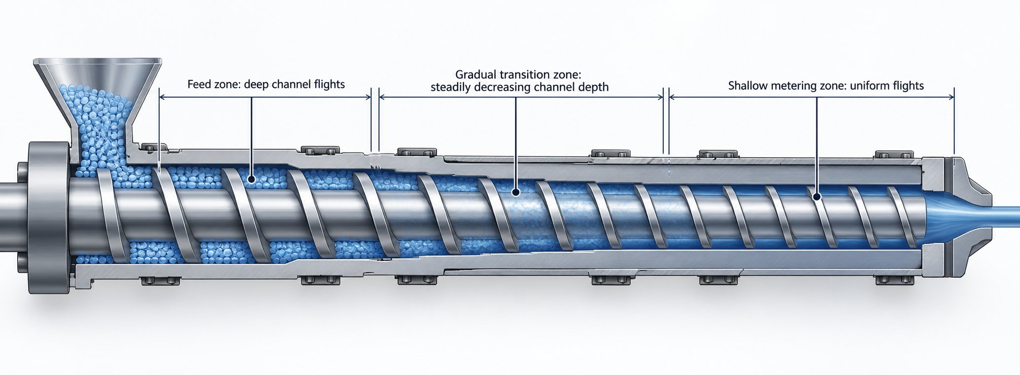 cutaway view of a single extruder screw showing feed transition and metering zone geometry