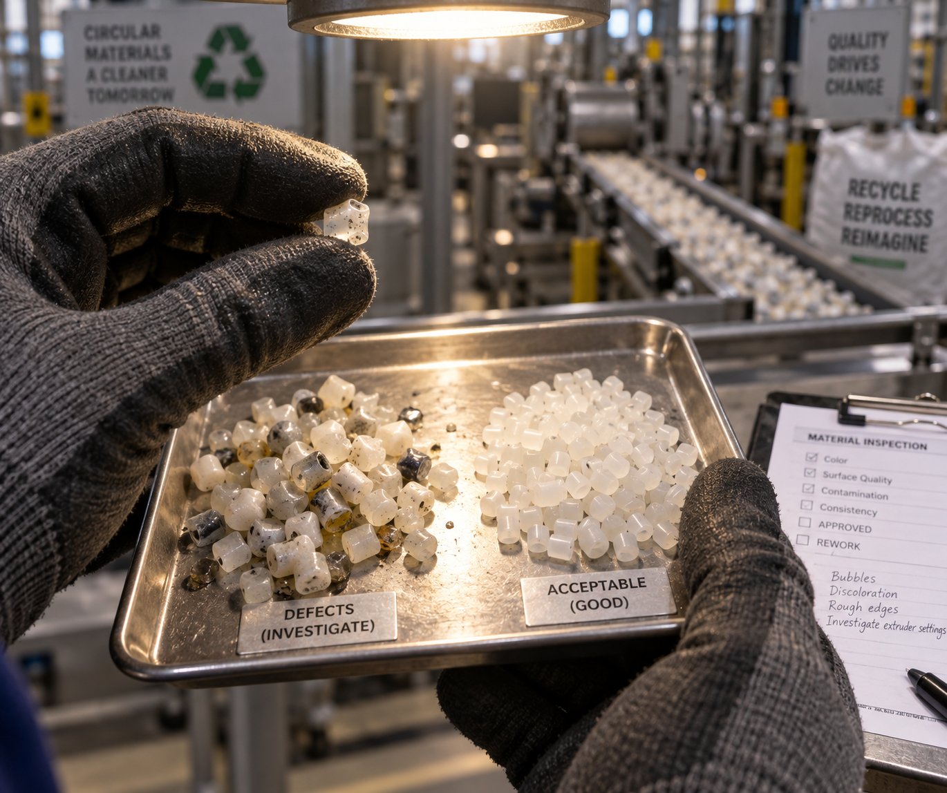 an operator inspects recycled pellets for common extrusion defects like bubbles voids and surface imperfections