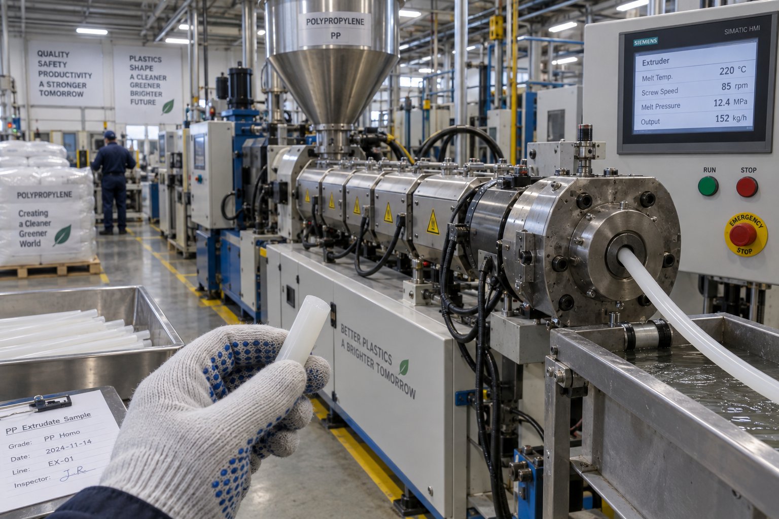 an operator inspecting pp extrudate quality at a single screw extrusion line