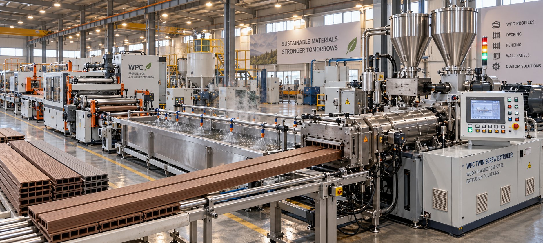 a complete wpc profile extrusion machine line producing composite decking boards from blended wood flour and thermoplastic polymer