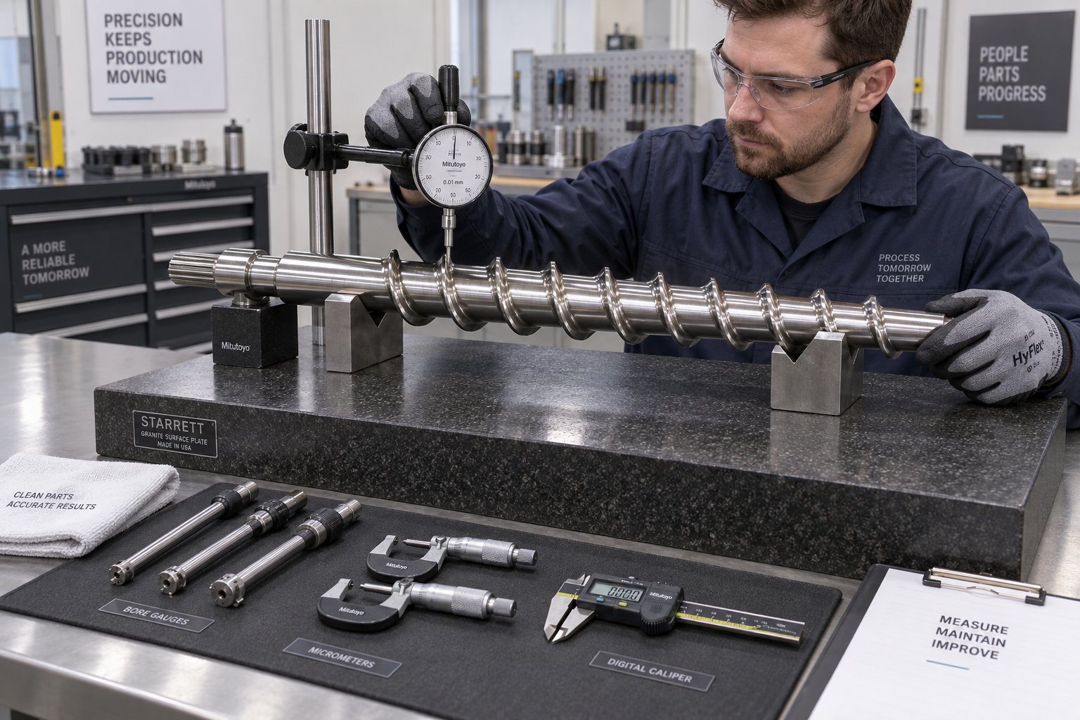 routine dimensional inspection of an extruder screw as part of a structured preventive maintenance program