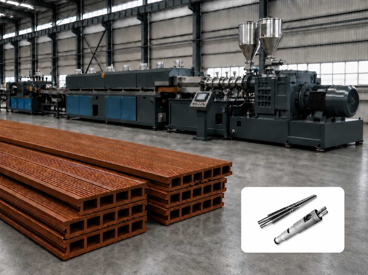 WPC decking extrusion line with finished wood plastic composite profiles and a conical twin screw barrel assembly