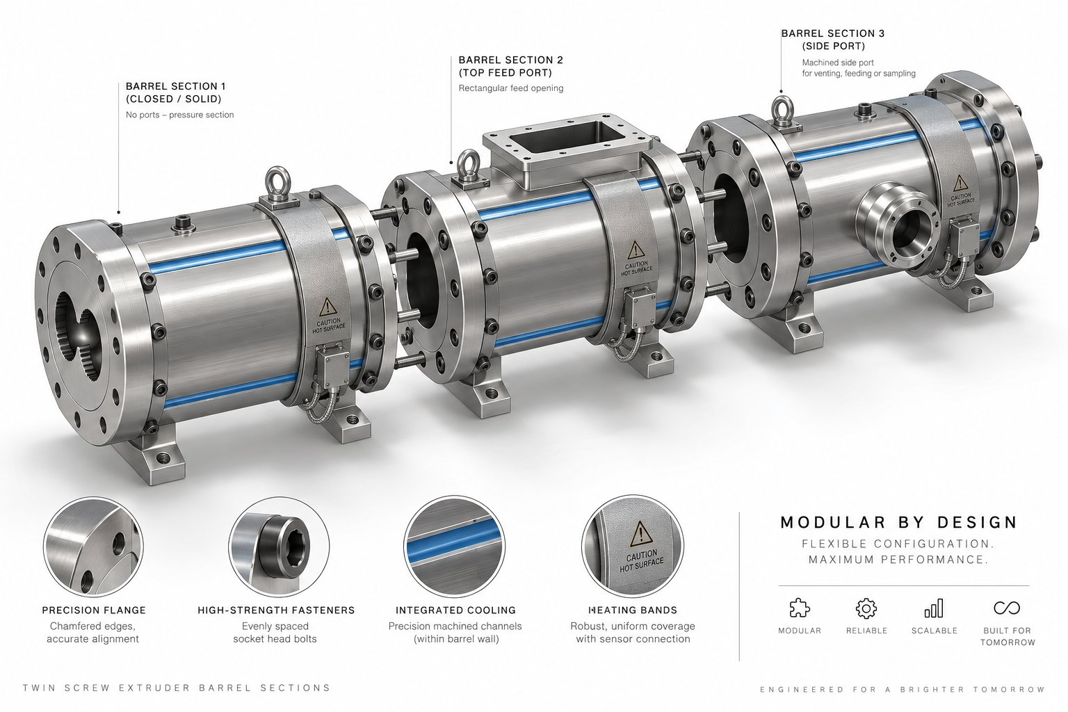segmented barrel assembly showing different barrel types including feed port vent and side feed configurations