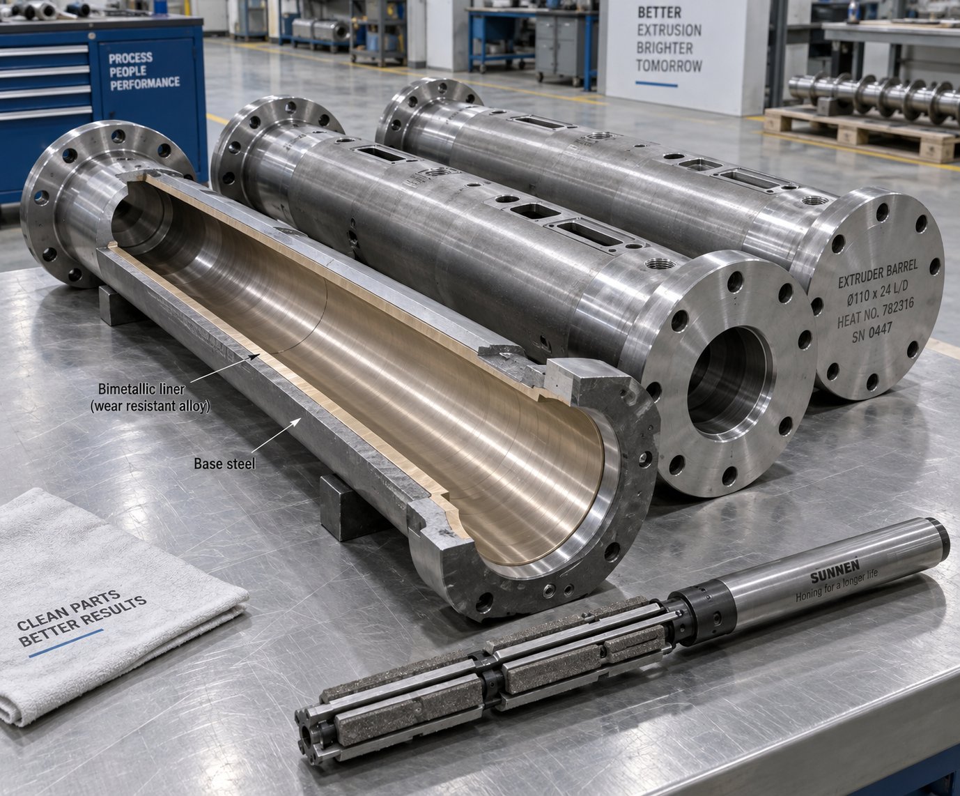 sectioned extruder barrel revealing the bimetallic liner bonded inside the base steel body