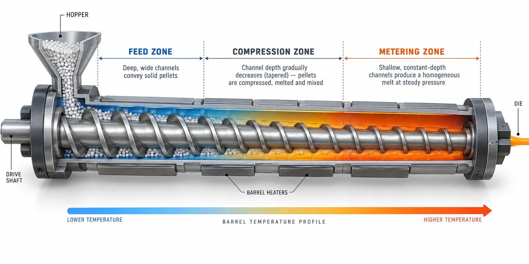 cutaway view of a single extrusion screw showing the feed compression and metering zones with varying channel depths