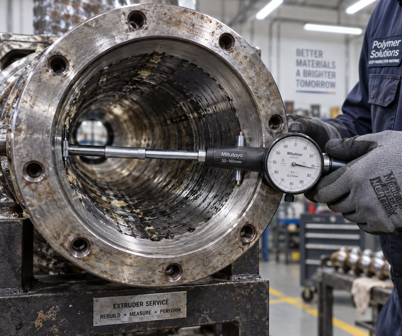 technician measuring barrel bore diameter with a calibrated gauge during wear inspection