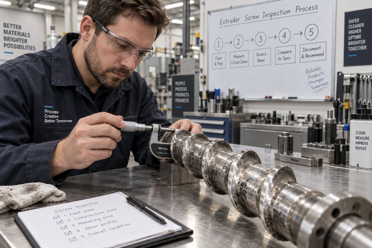 engineer measuring screw flight wear as part of a systematic material selection and inspection process
