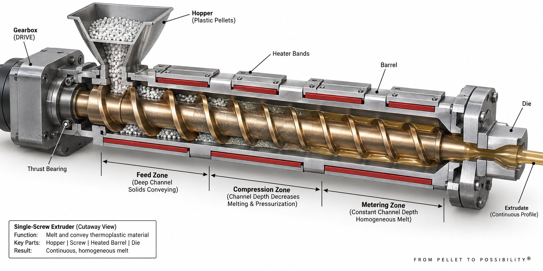 cutaway view of a single screw extruder showing the feed compression and metering zones critical to polypropylene melt quality