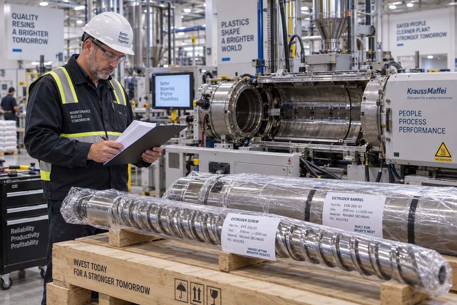 plant manager evaluating replacement components alongside an open extruder during planned maintenance