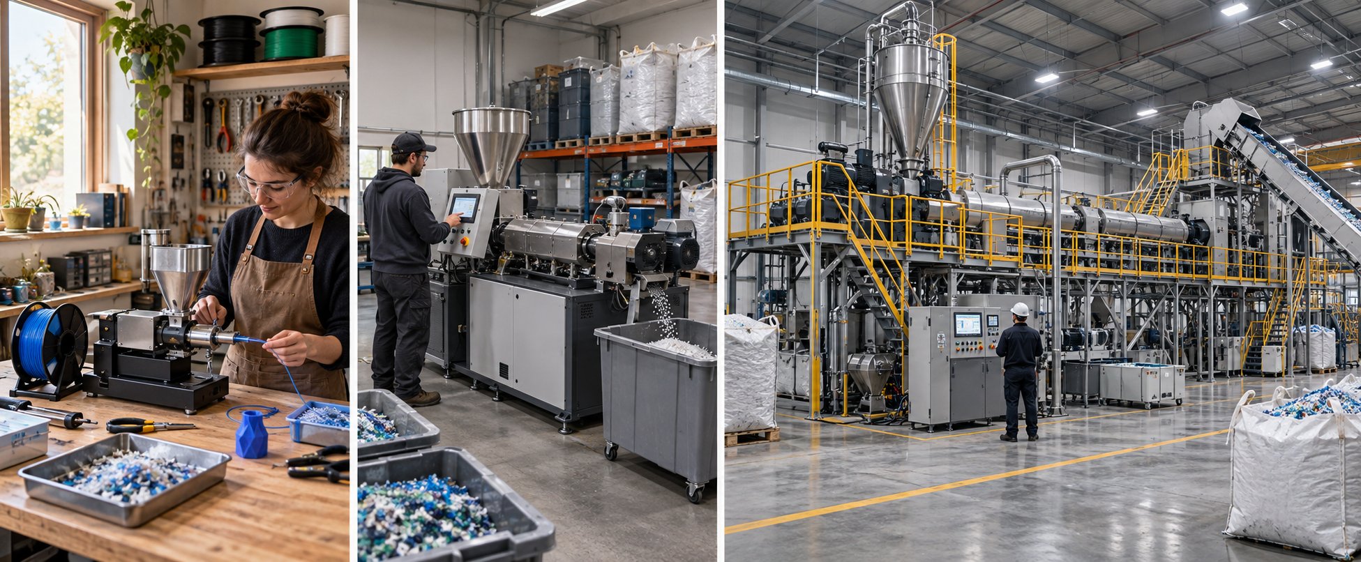 recycling extruders range from desktop filament makers to full industrial pelletizing lines serving different scales and budgets