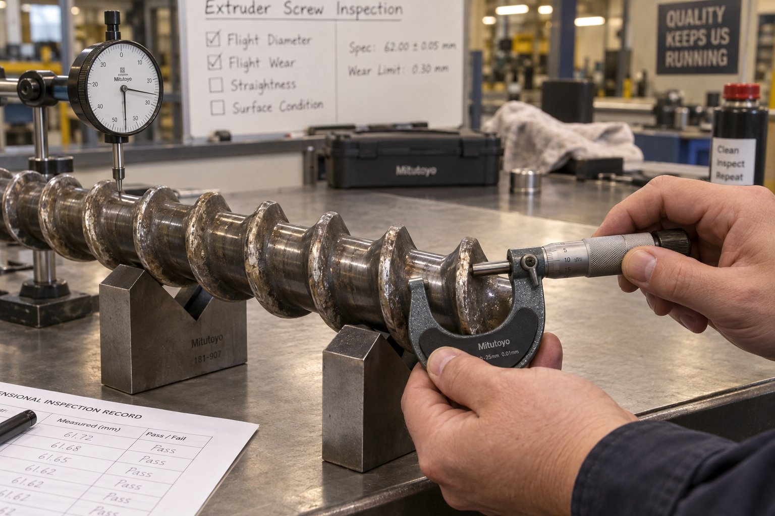 technician measuring extruder screw flight diameter to assess wear and determine refurbishment or replacement needs