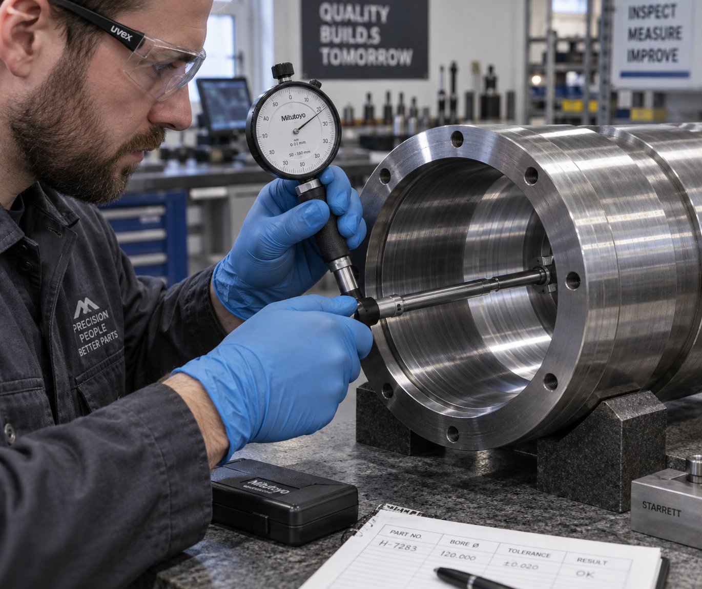 quality control inspection of a barrel bore using a precision gauge at a screw barrel manufacturing facility