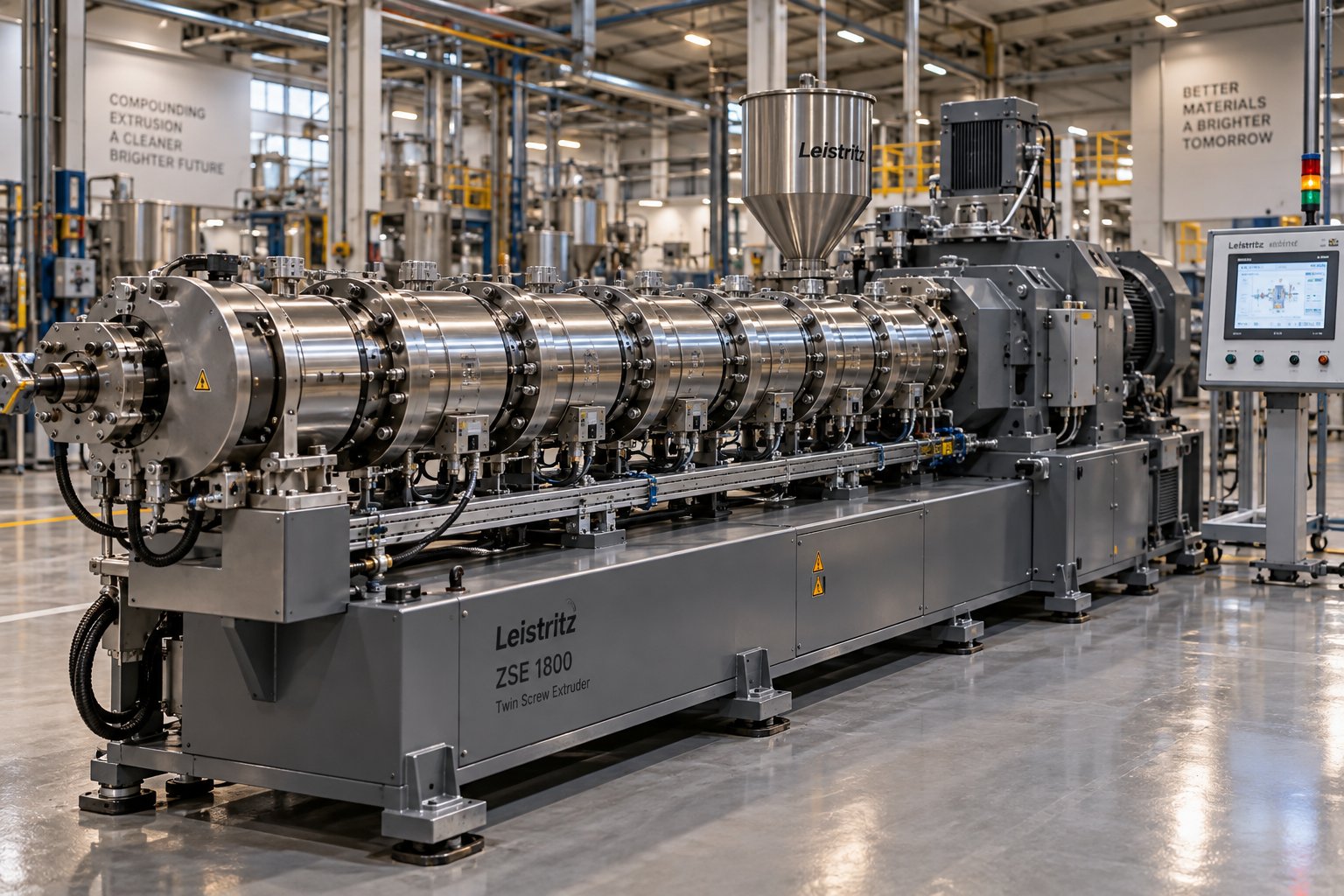 a co rotating twin screw extruder on a production floor showing the modular barrel gearbox and control system that define manufacturer quality