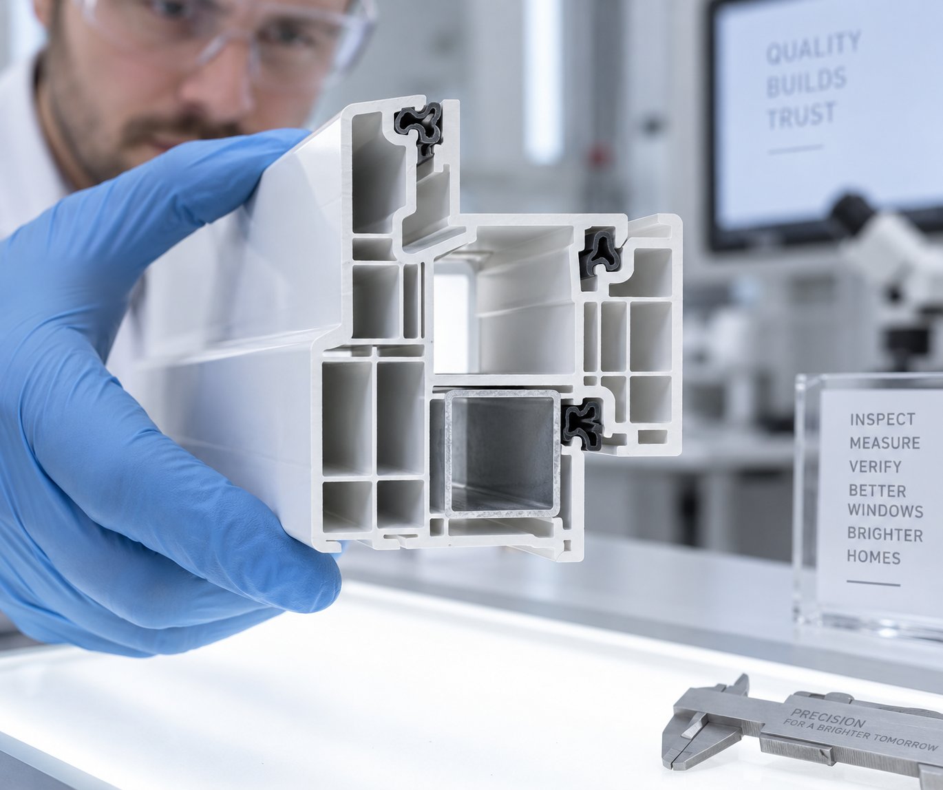 quality inspection of a multi chamber pvc window profile cross section for dimensional accuracy