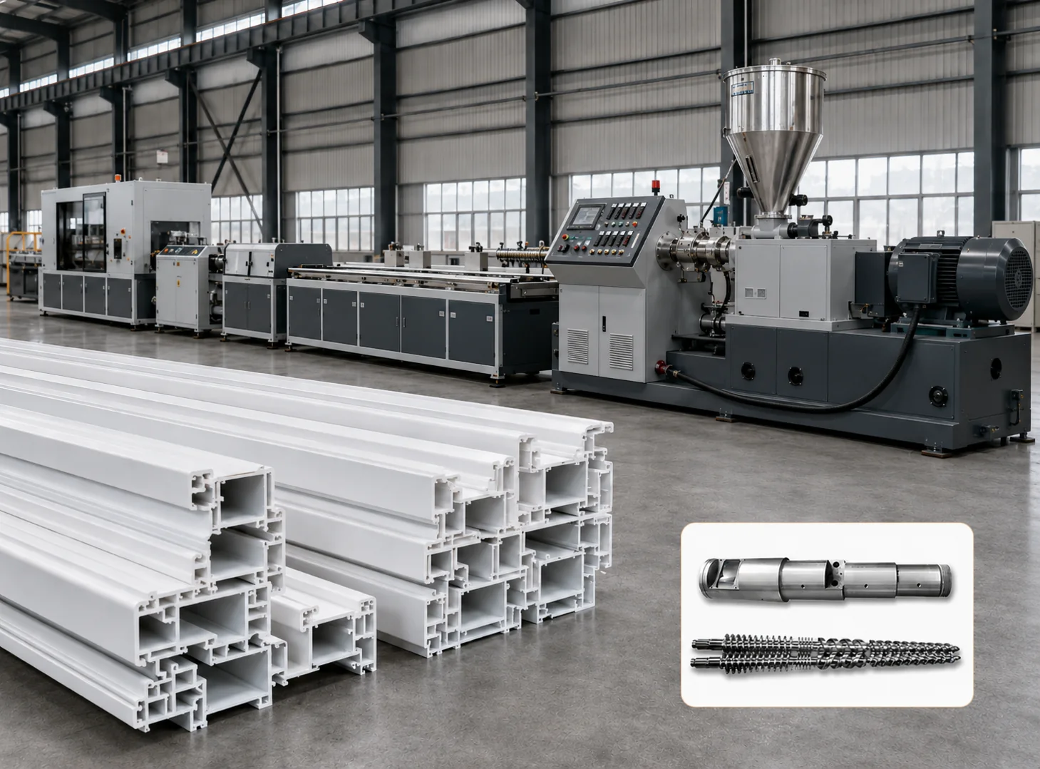 PVC profile extrusion line with finished white profiles and a conical twin screw barrel assembly