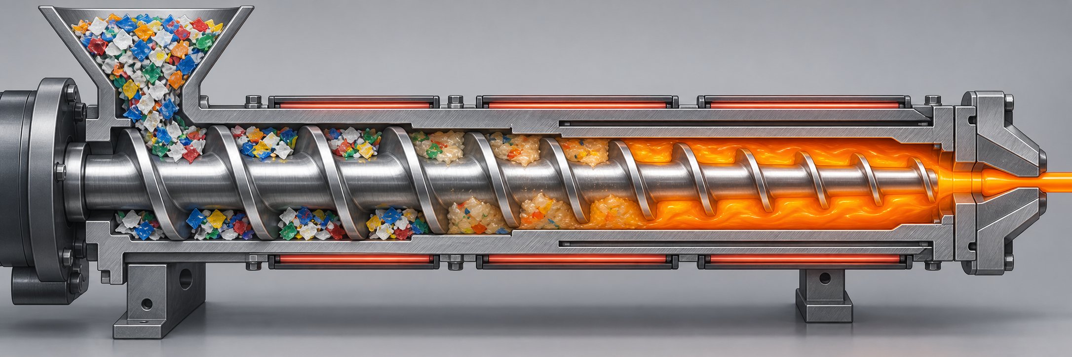 cross section view of a single screw extruder barrel showing the feed compression and metering zones during recycling
