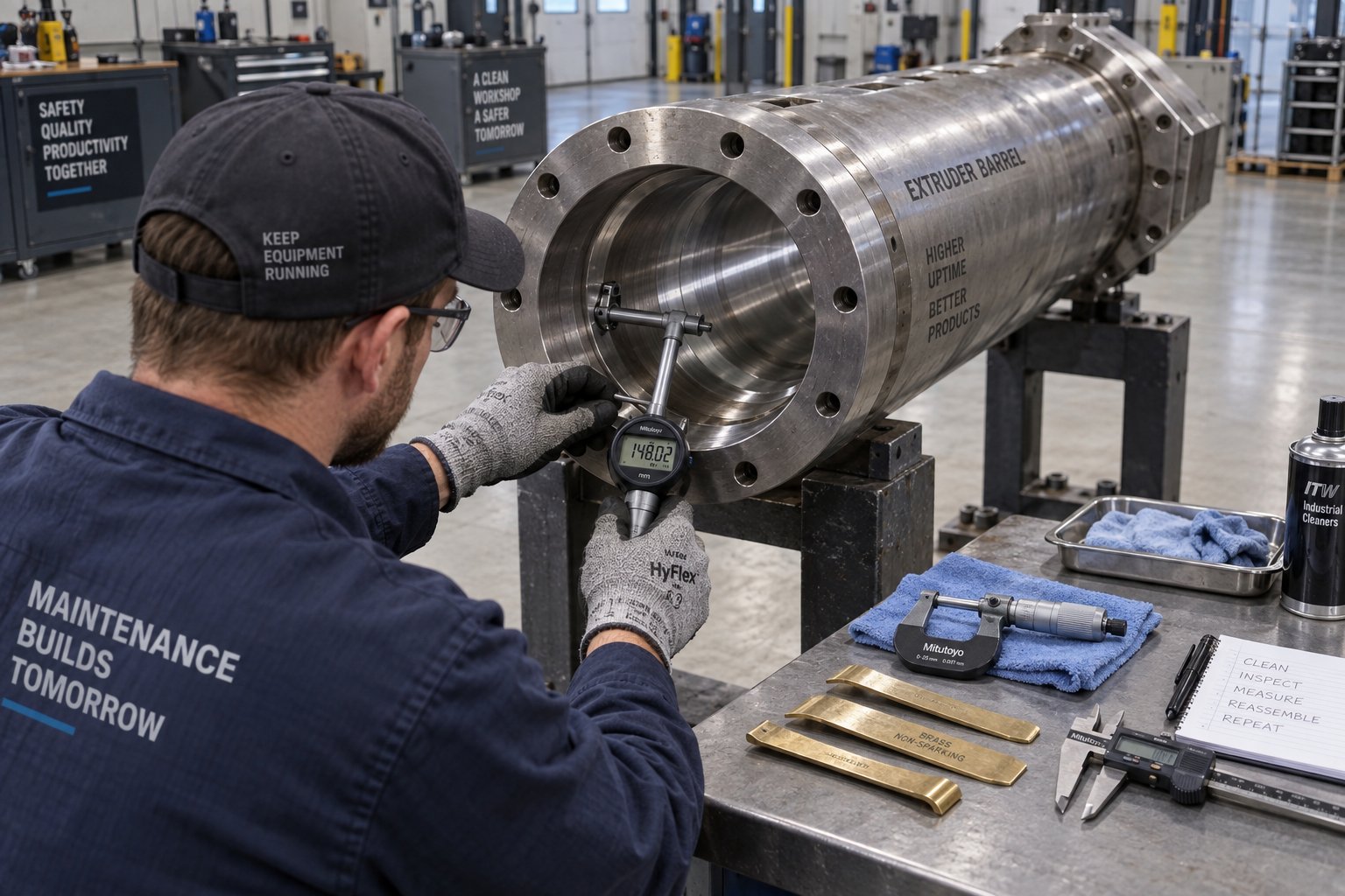 technician measuring extruder barrel bore diameter with a precision bore gauge during scheduled inspection