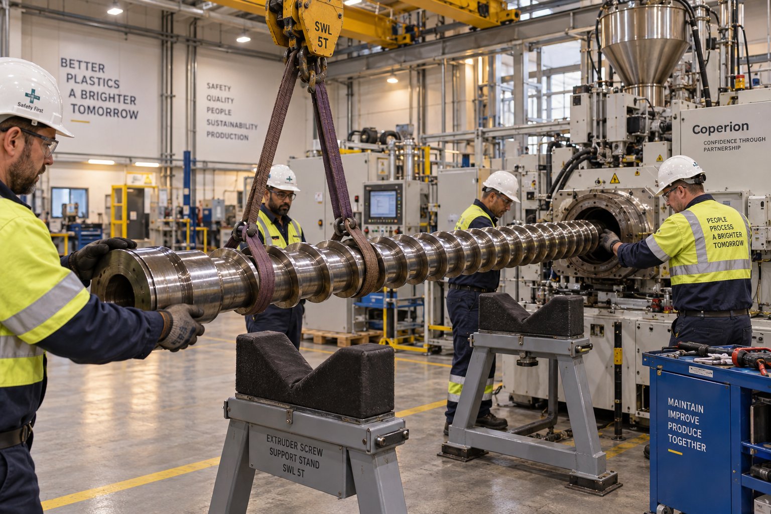 maintenance crew using an overhead crane to extract an extruder screw during a scheduled replacement