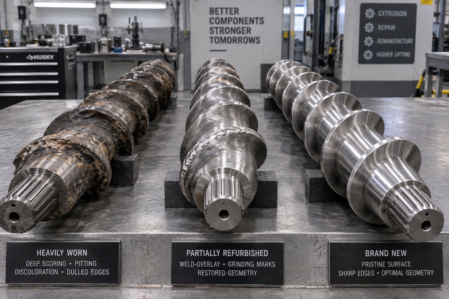 visual comparison of worn refurbished and new extruder screws highlighting the repair versus replace decision