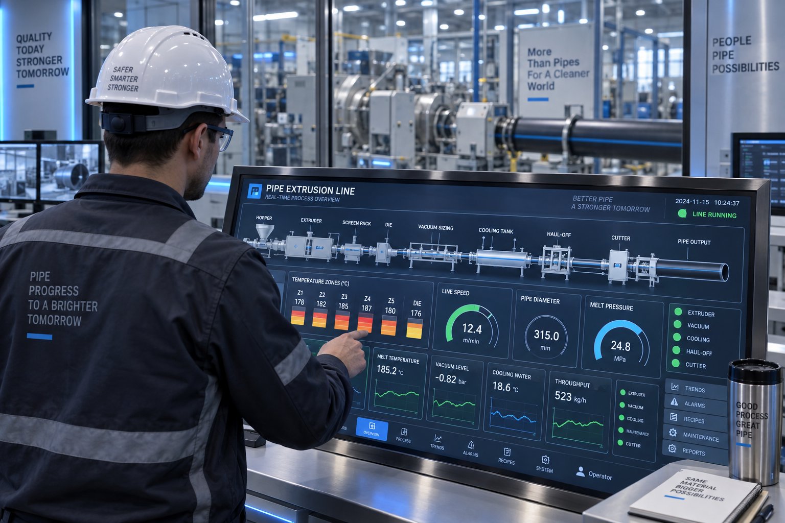 modern hmi control interface for monitoring and managing a full pipe extrusion production line