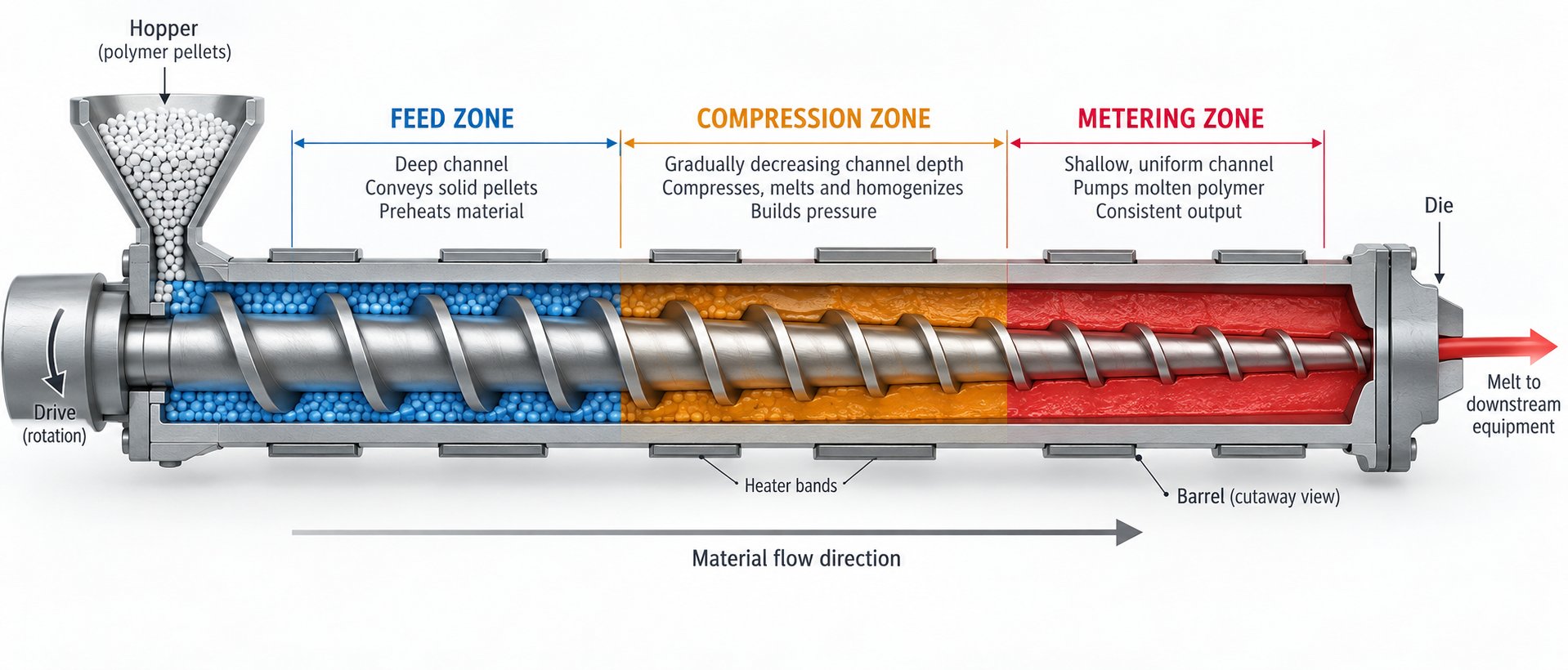 feed compression and metering zones of a pvc profile extrusion screw barrel