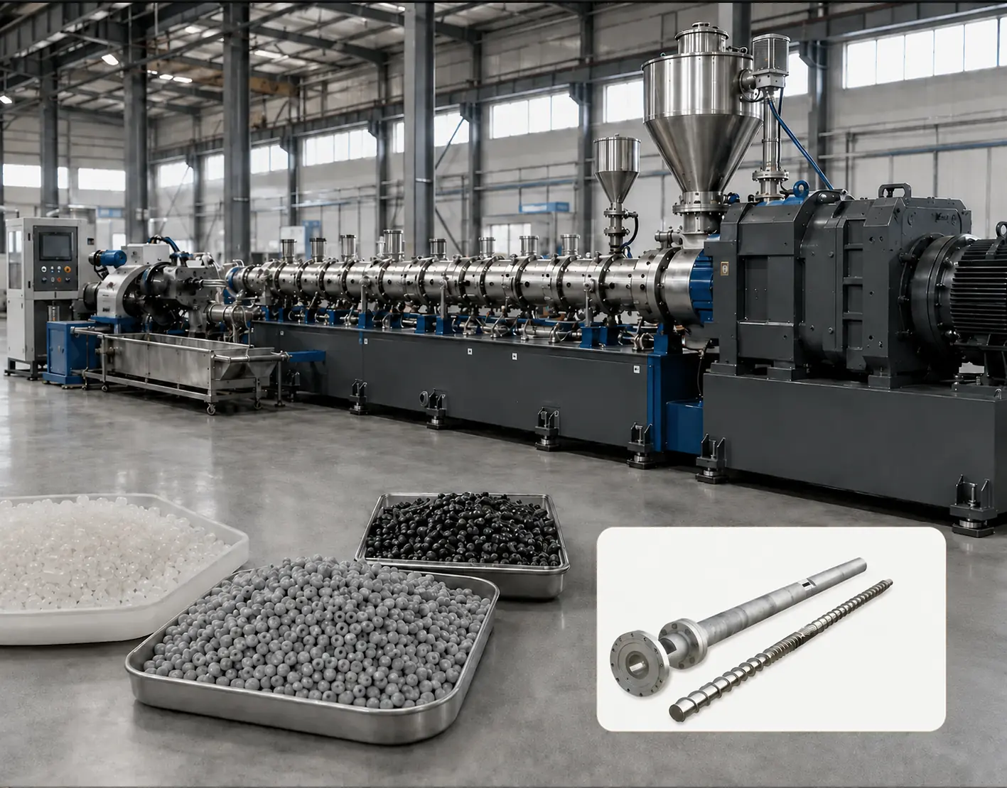 Plastic granulation and compounding extrusion line with finished plastic pellets and a screw barrel assembly