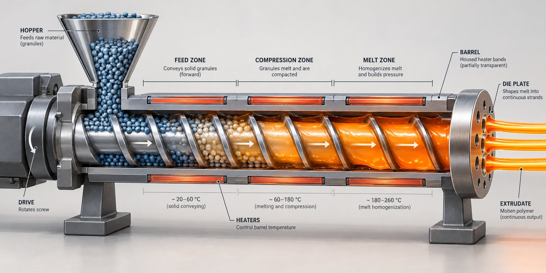 cutaway view of a single screw extruder showing material flow from solid feed to molten output at the die