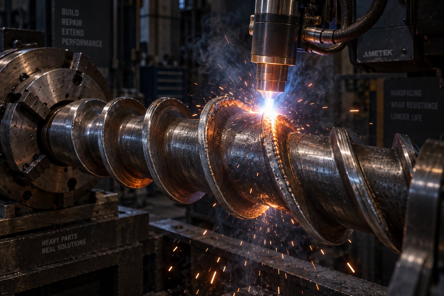 pta weld overlay being applied to rebuild worn extruder screw flight tips with wear resistant alloy