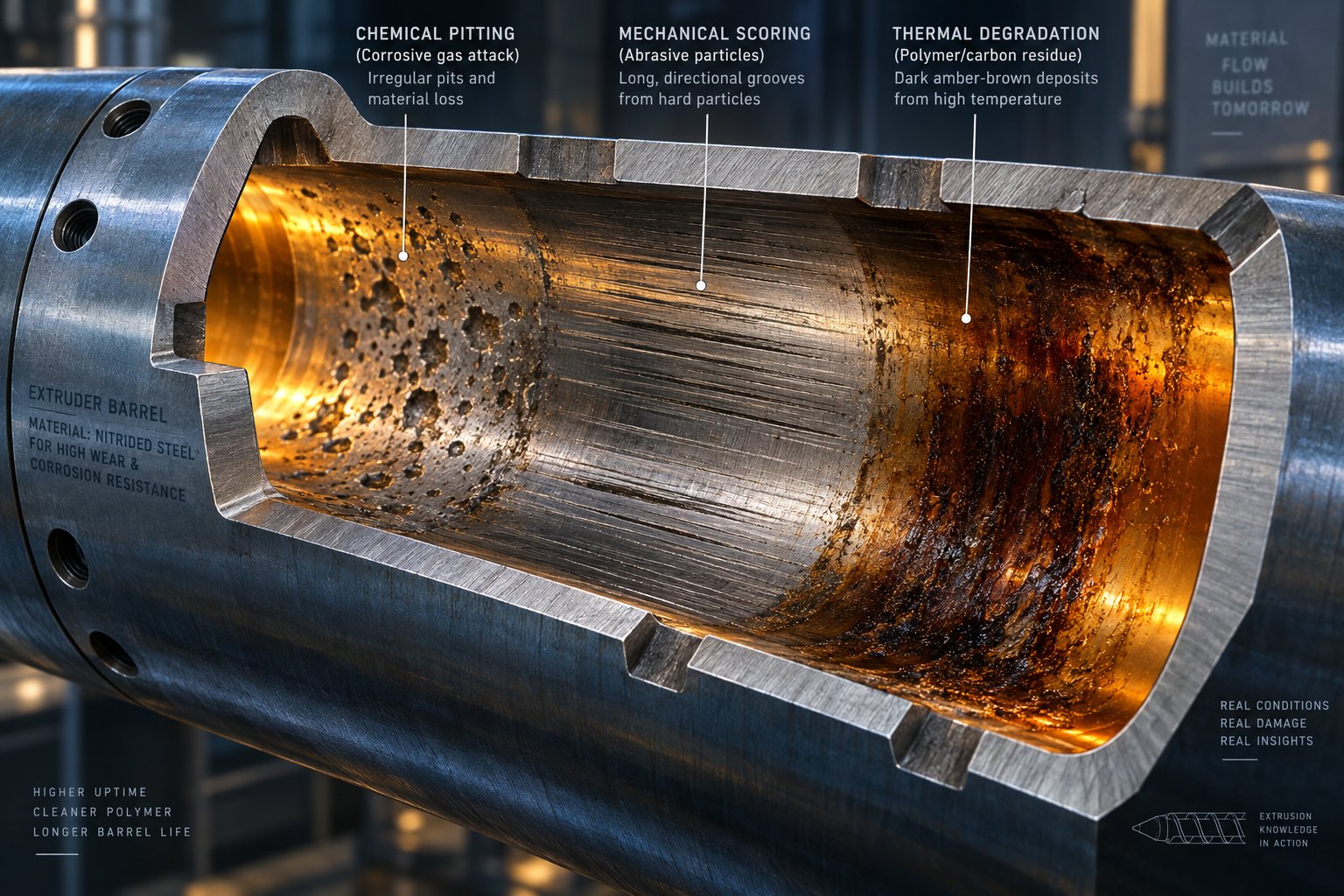 pvc attacks extruder barrel bores through corrosion abrasion and thermal degradation simultaneously