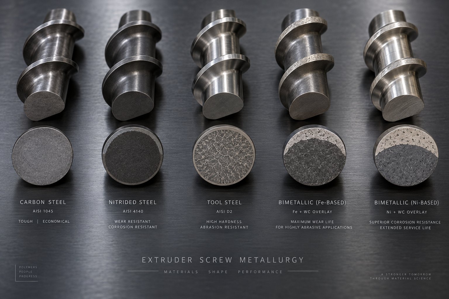 cross sections of different extruder screw materials reveal distinct alloy compositions from carbon steel to bimetallic overlay construction
