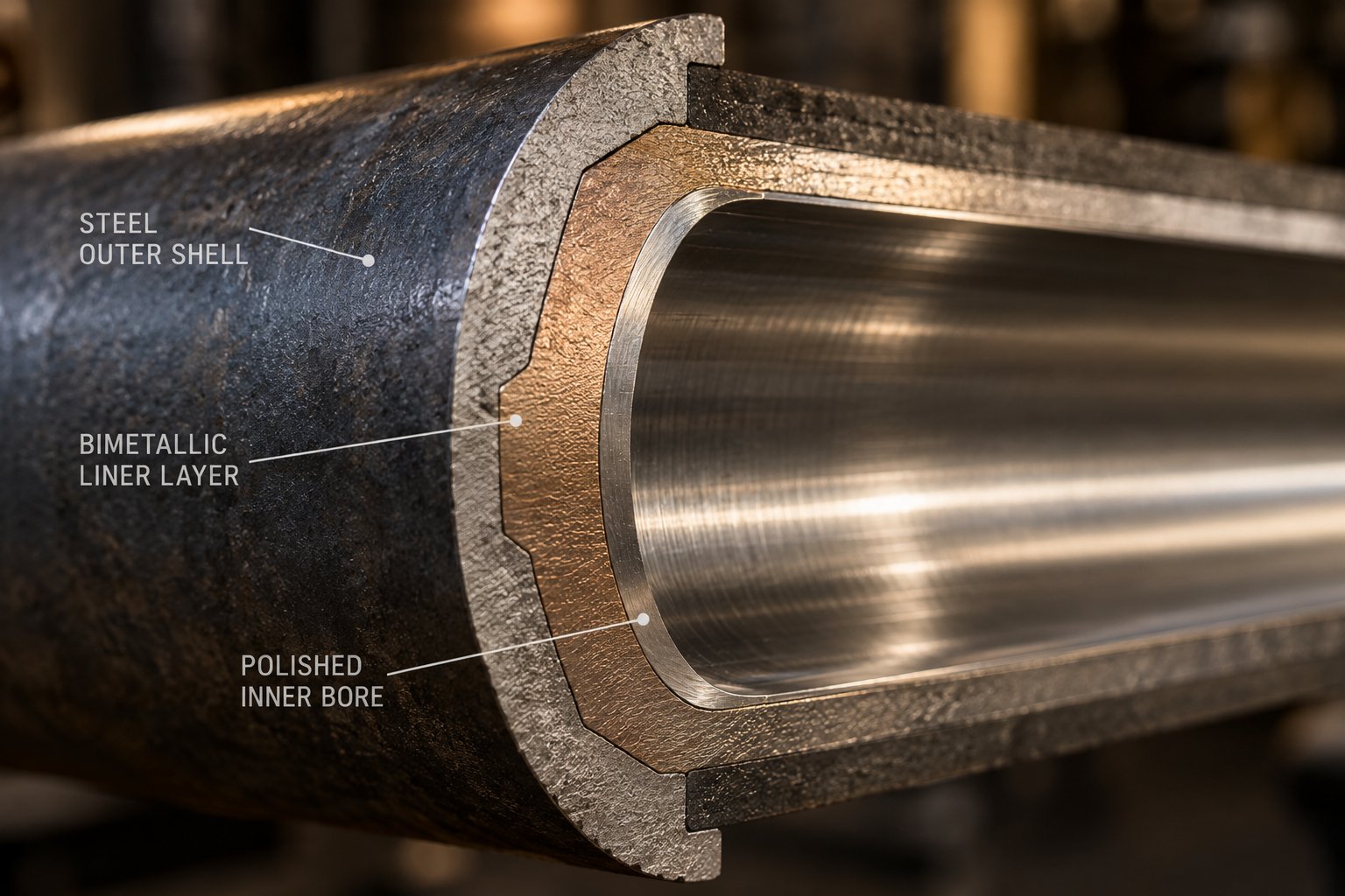 cross section of a barrel wall showing bimetallic liner construction for wear and corrosion protection