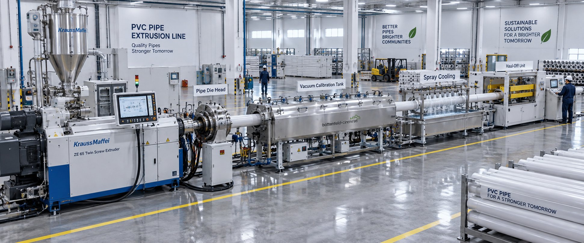 complete pvc pipe extrusion line from twin screw extruder through calibration and cooling to haul off