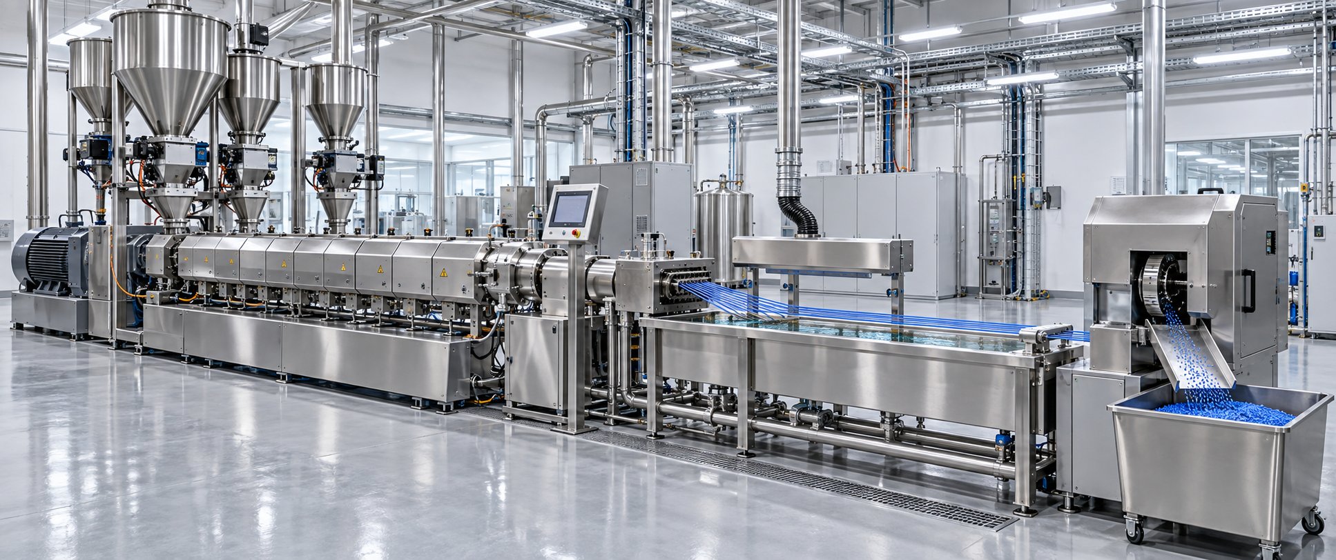 complete twin screw compounding line with feeders extruder cooling bath and pelletizing system