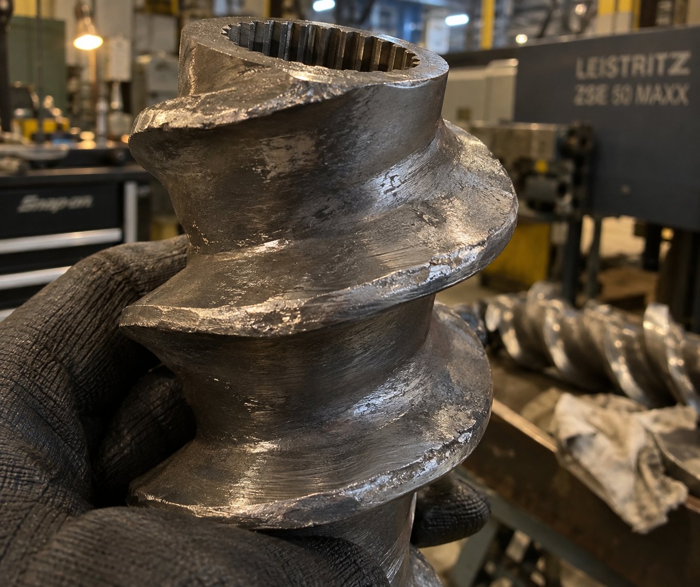 worn screw element showing rounded flight tips and surface erosion from abrasive filler processing