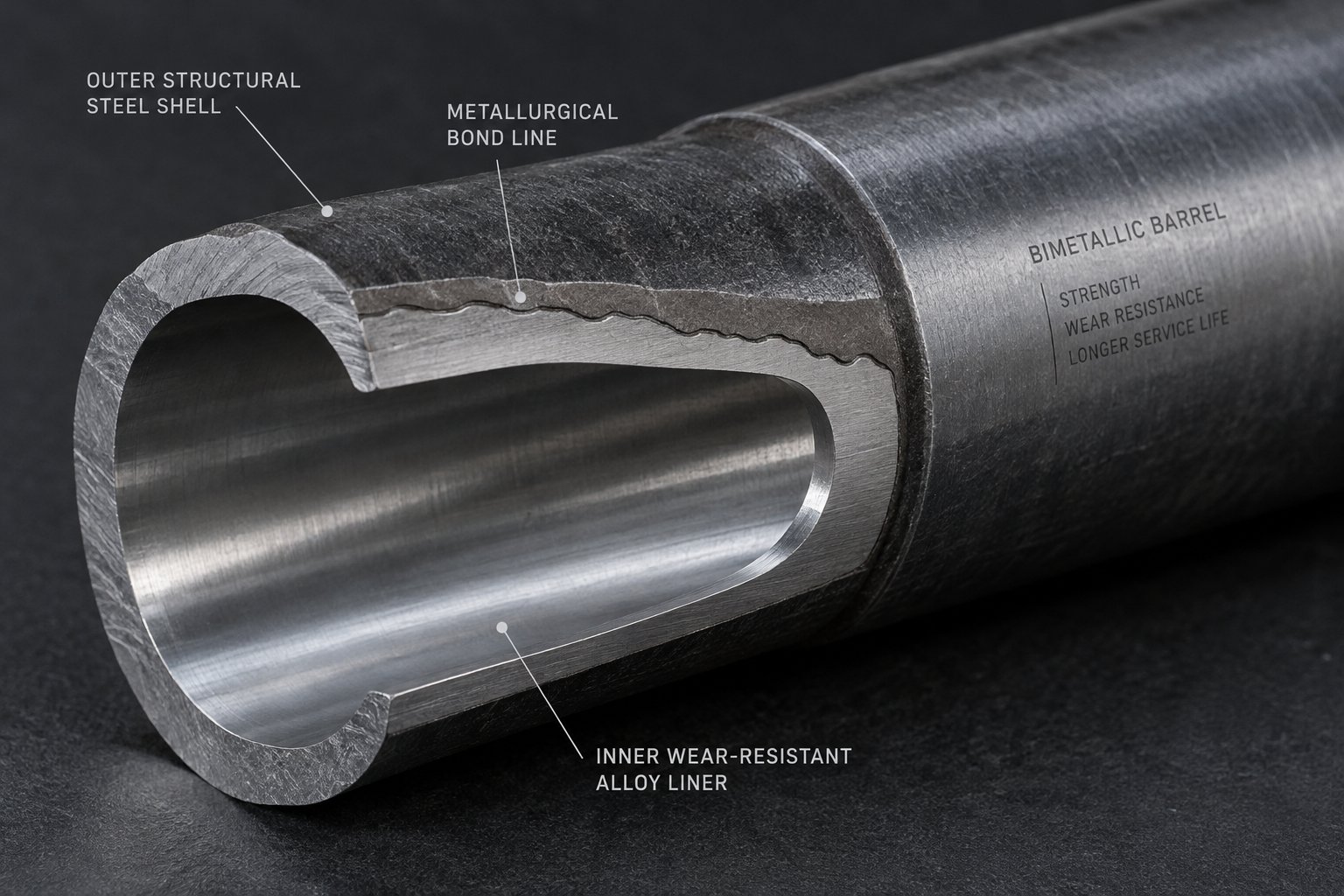 cross section of a bimetallic extruder barrel showing the wear resistant liner bonded to the steel substrate