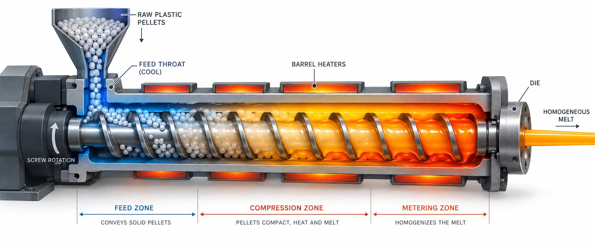 cutaway view of an extruder barrel and screw showing the feed compression and metering zones during operation
