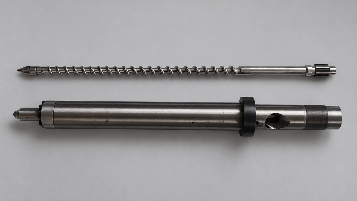 Injection screw above a matching cylindrical barrel on a neutral background