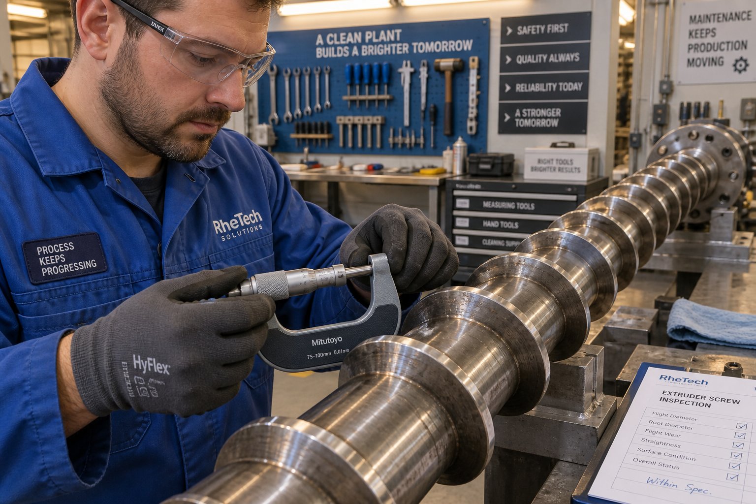 measuring extruder screw flight diameter during scheduled preventive maintenance to track wear progression