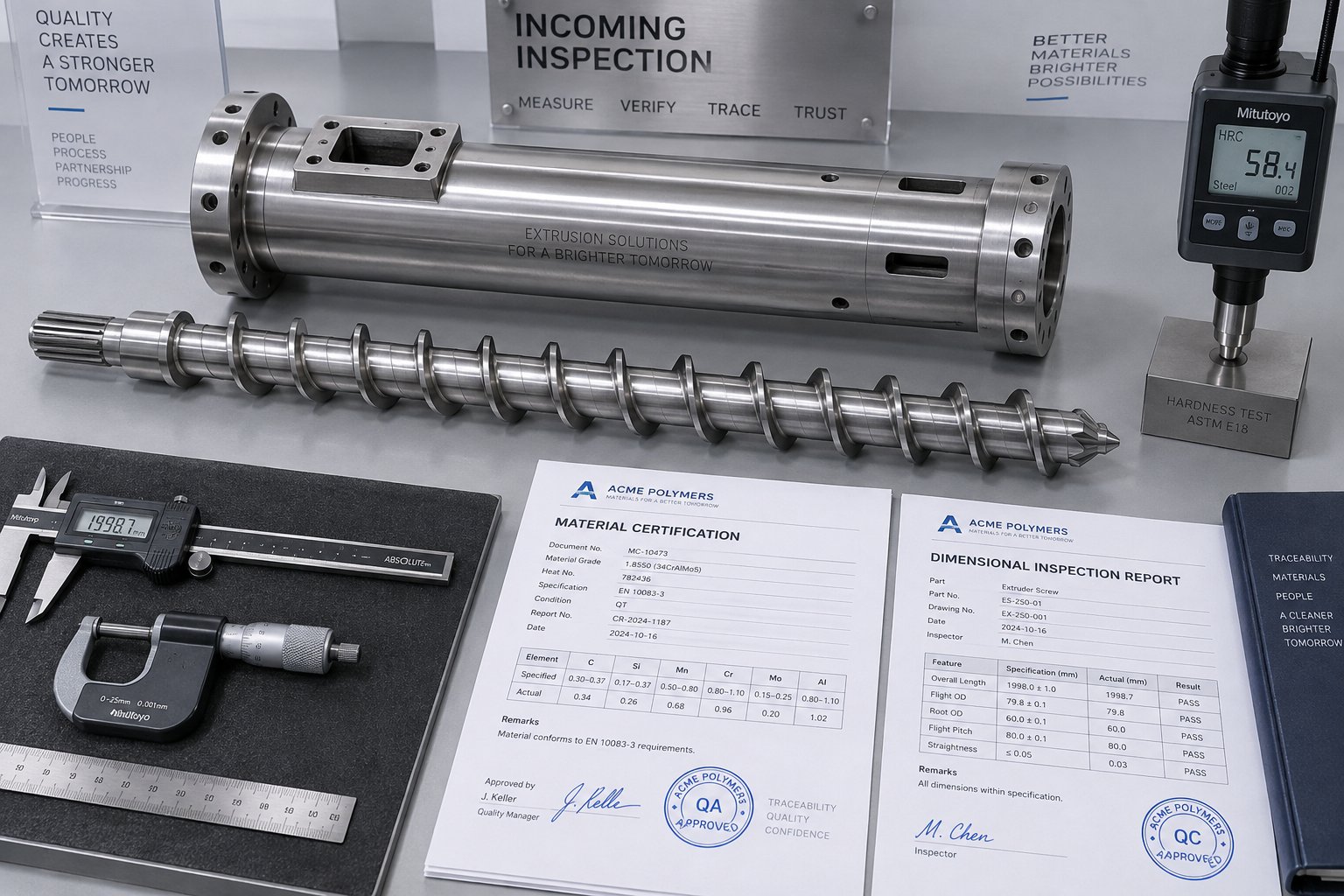quality inspection setup for an extruder screw barrel with measurement tools and certification documents