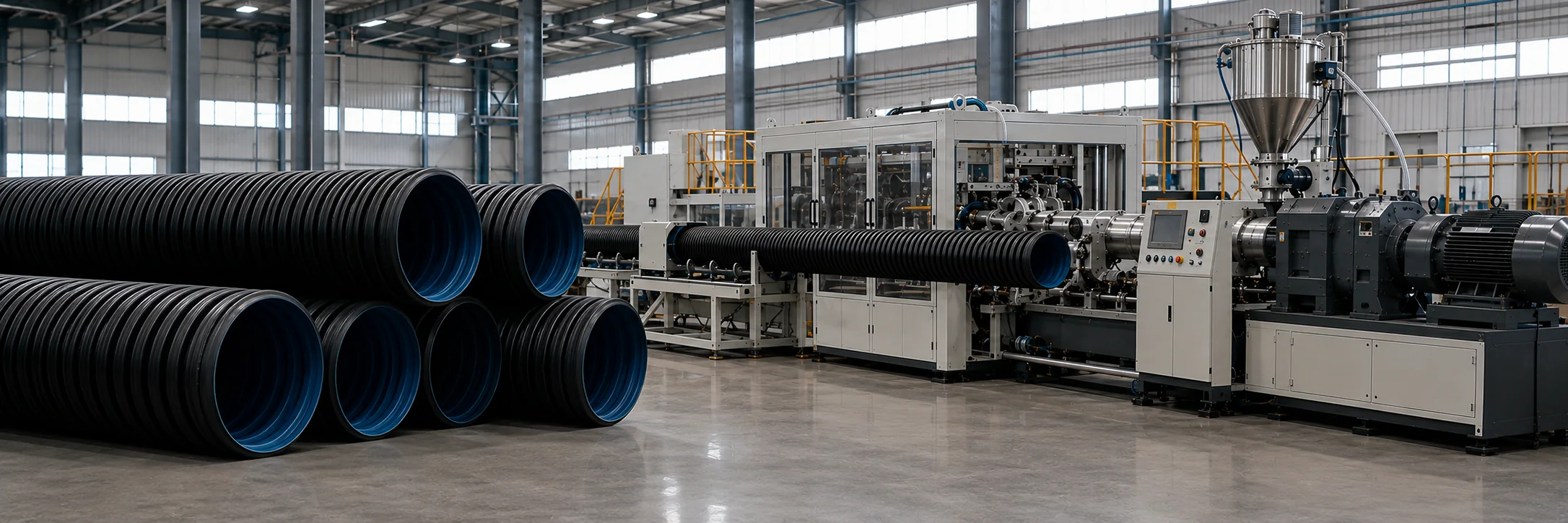 Corrugated plastic pipe extrusion line with finished black corrugated pipes