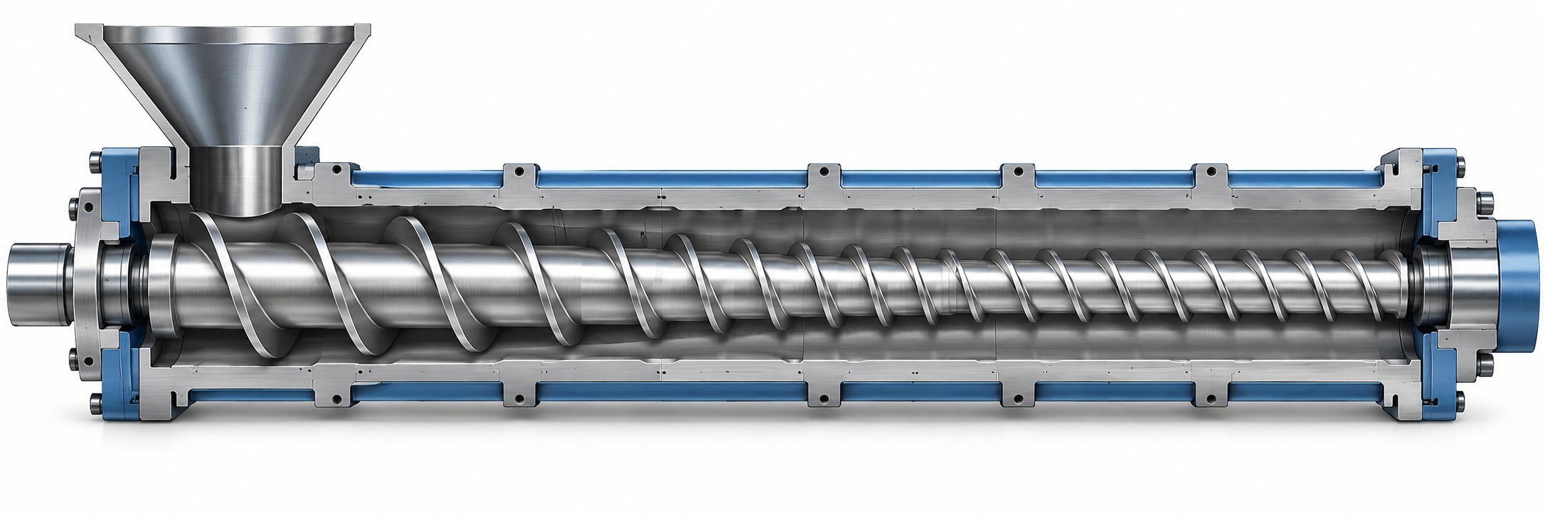 cutaway view of an extruder screw showing gradual compression zones optimized for shear sensitive pvc
