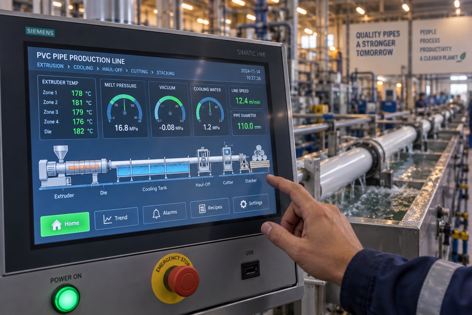 centralized plc touchscreen panel used for real time monitoring and control of an automated pvc pipe production line