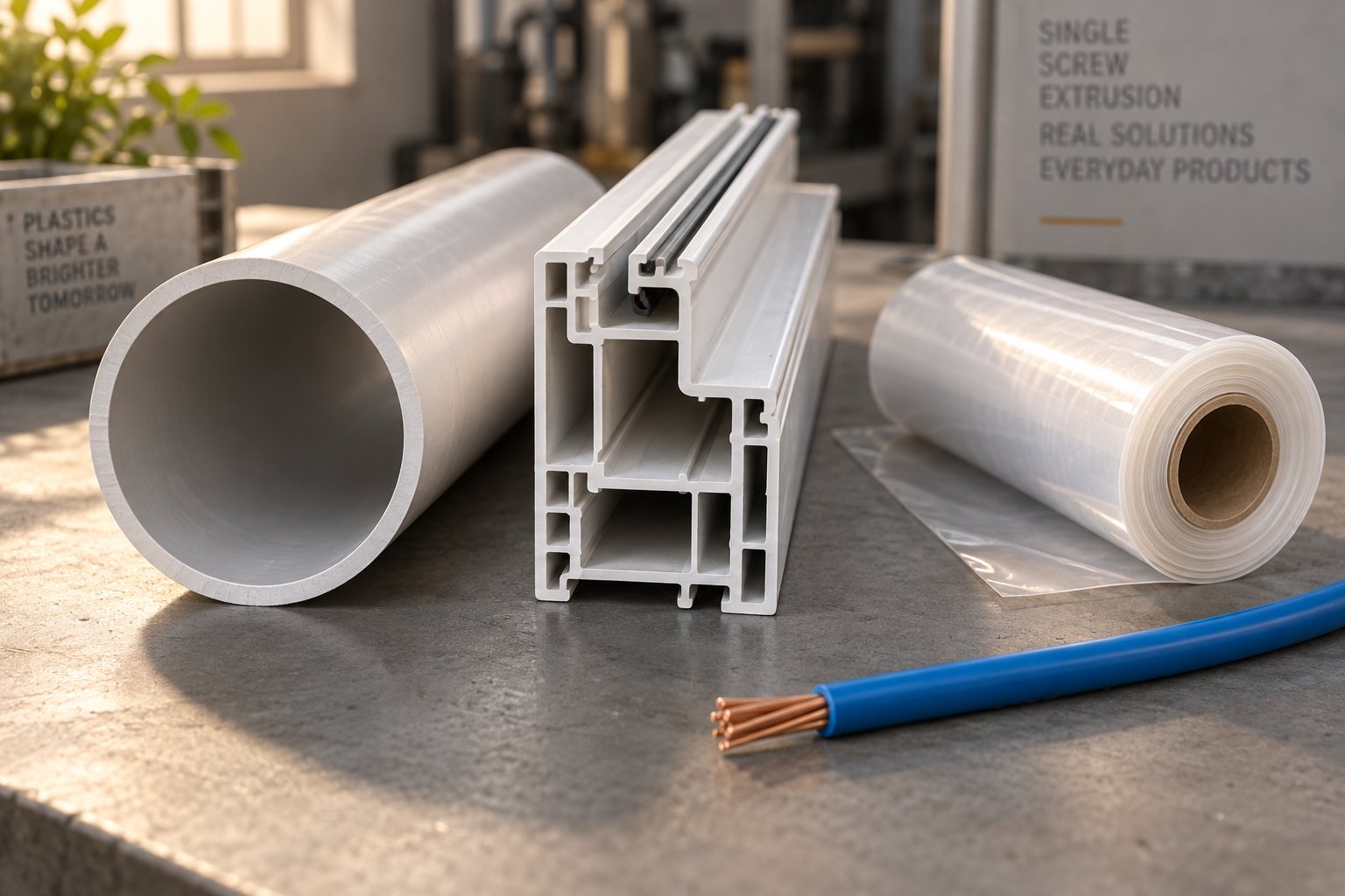 common products made by single screw extruders pipe window profiles plastic film and insulated wire