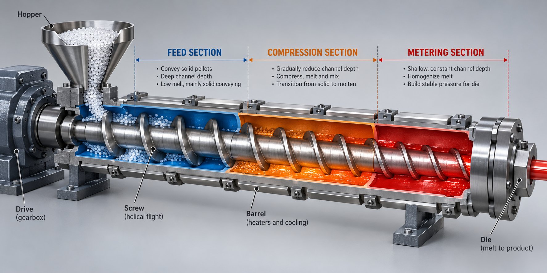 three functional zones of a single screw extruder barrel where distinct wear patterns develop