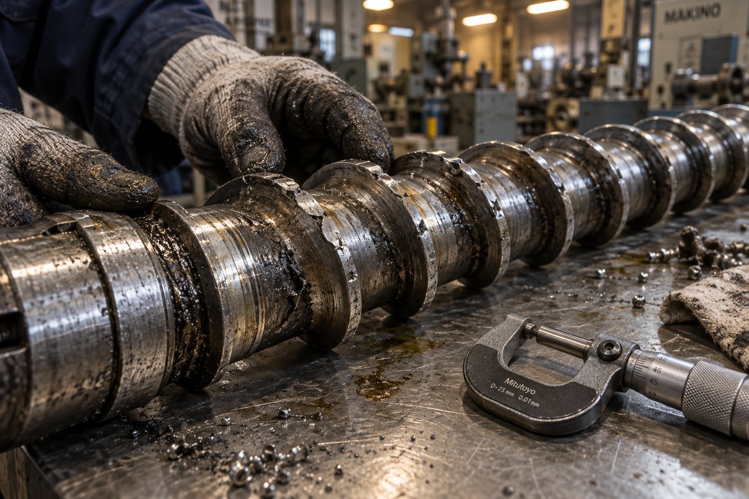 worn plasticating screw undergoing dimensional inspection before repair