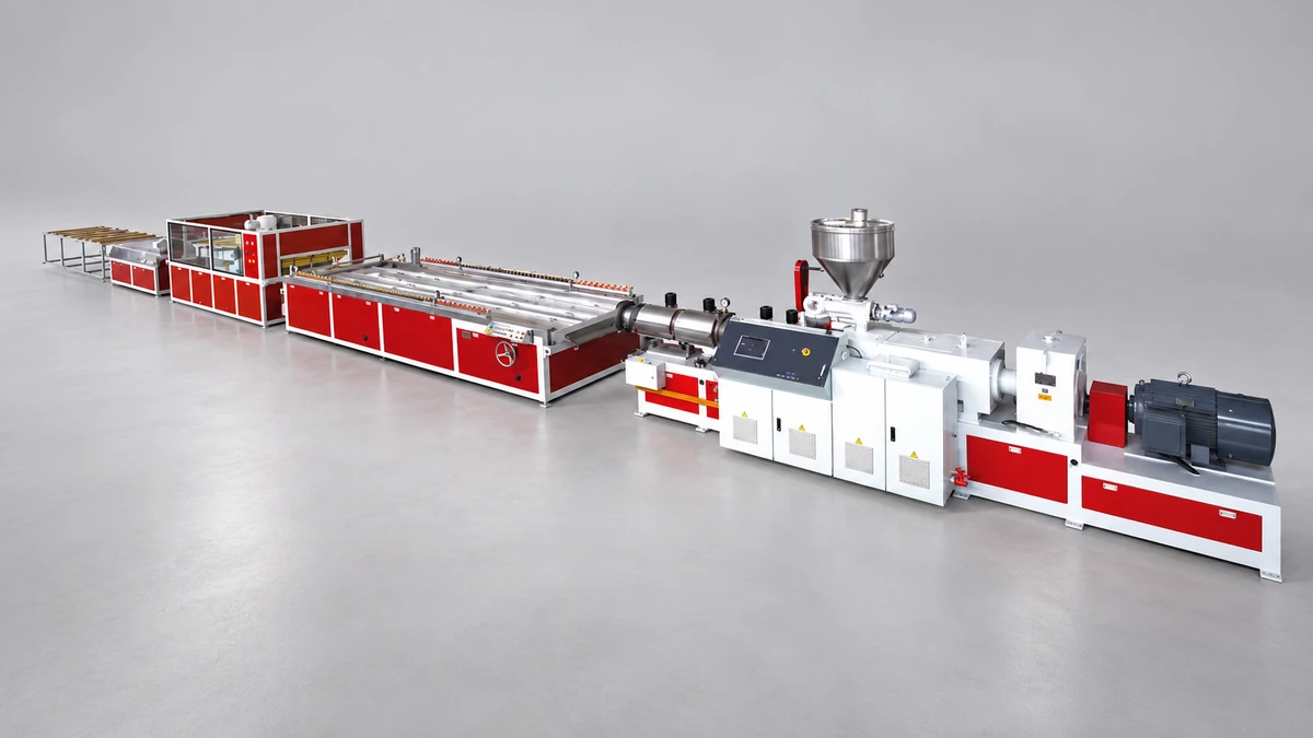 Red and white panel extrusion line with hopper, control unit and long downstream equipment